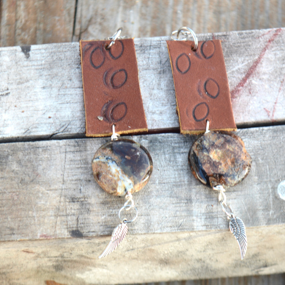 Conceptual Subculture Jewelry - Rainforest Jasper Feather Real Leather Earrings